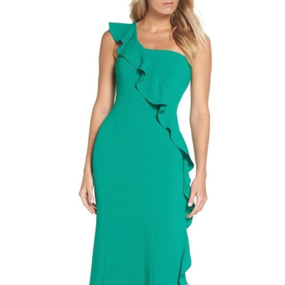 Vince Camuto green formal dress, ruffled one shoulder, size 2, NWT